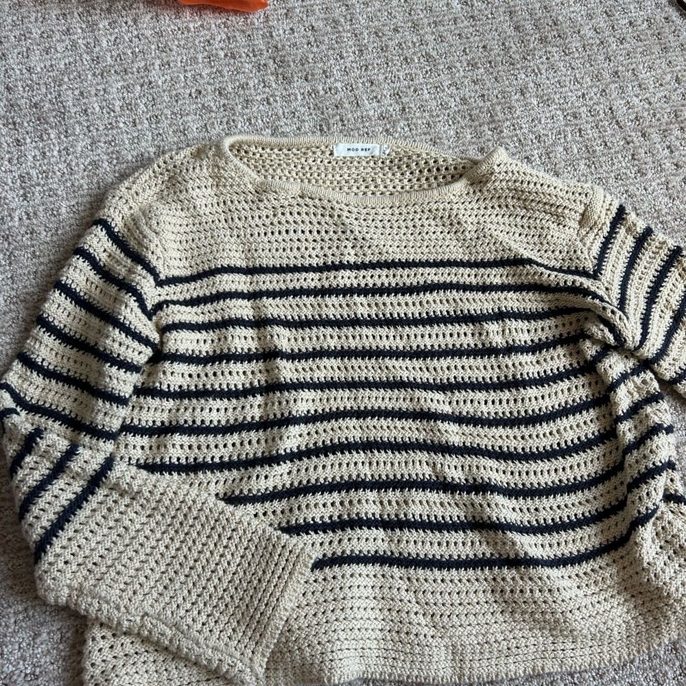 Mod Ref Cream and Black Crew Neck Sweater Nautical Stripes